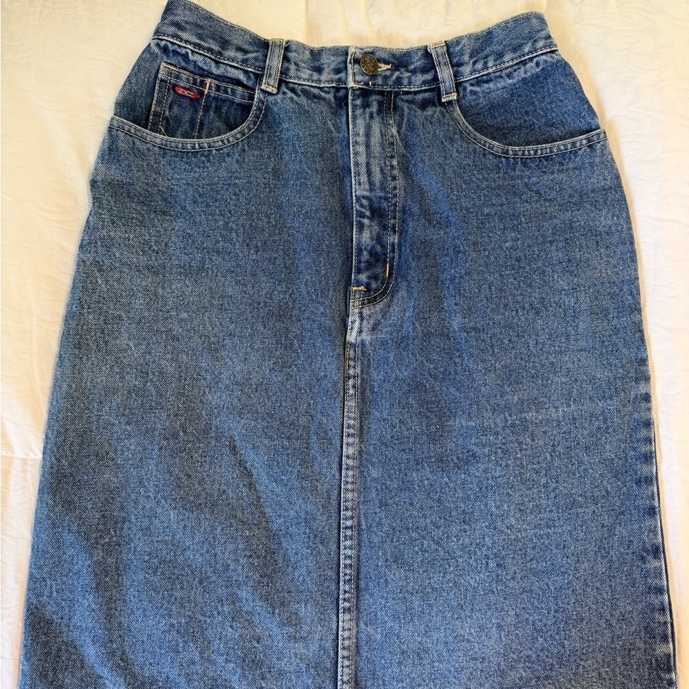 Coca Cola Vintage 90s Denim Midi Skirt A-Line Blue Jean Logo Patch Americana